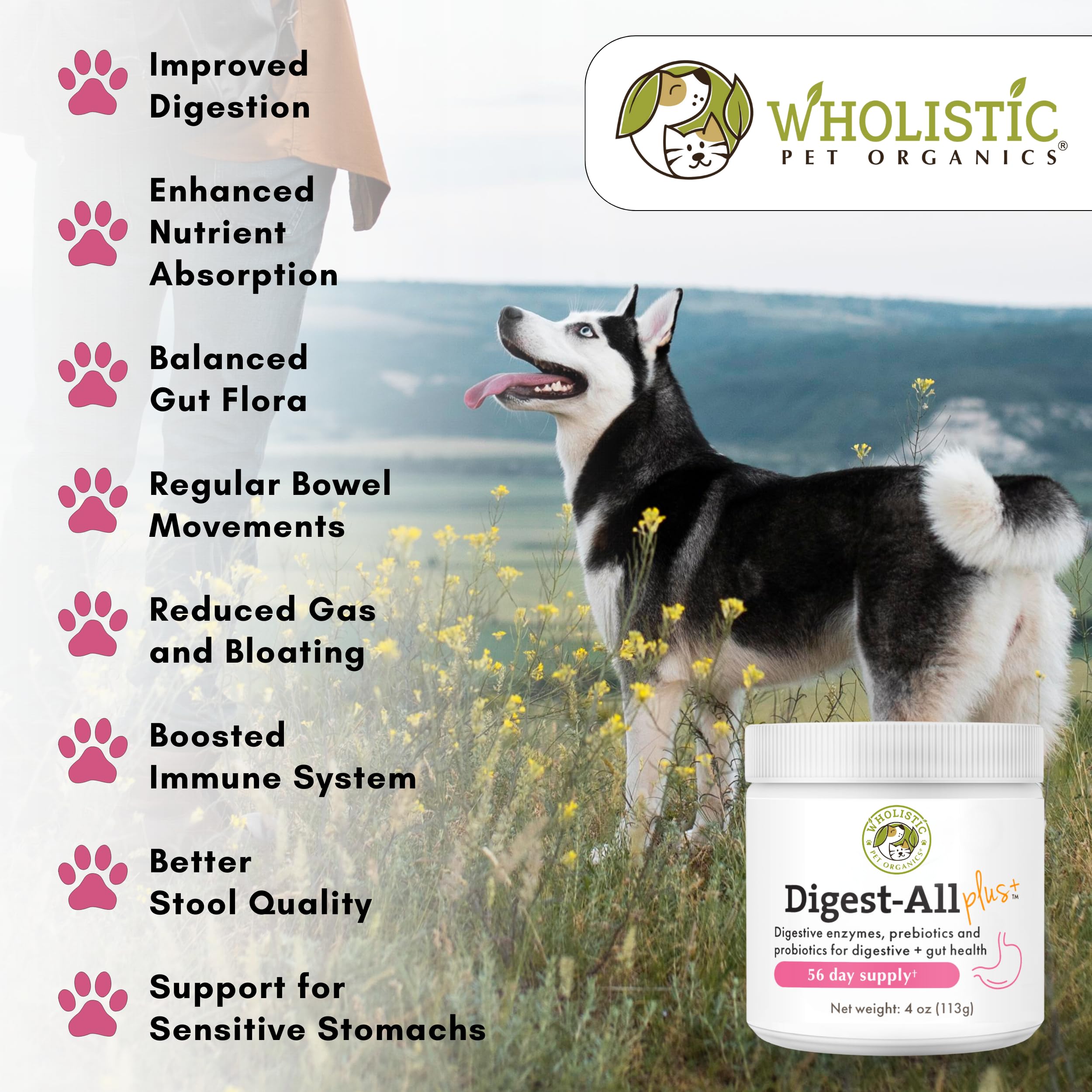 Wholistic Pet Organics organic digestive enzymes powder aiding pets' digestion.