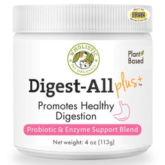 Wholistic Pet Organics probiotics dogs powder bottle promotes daily gut balance.