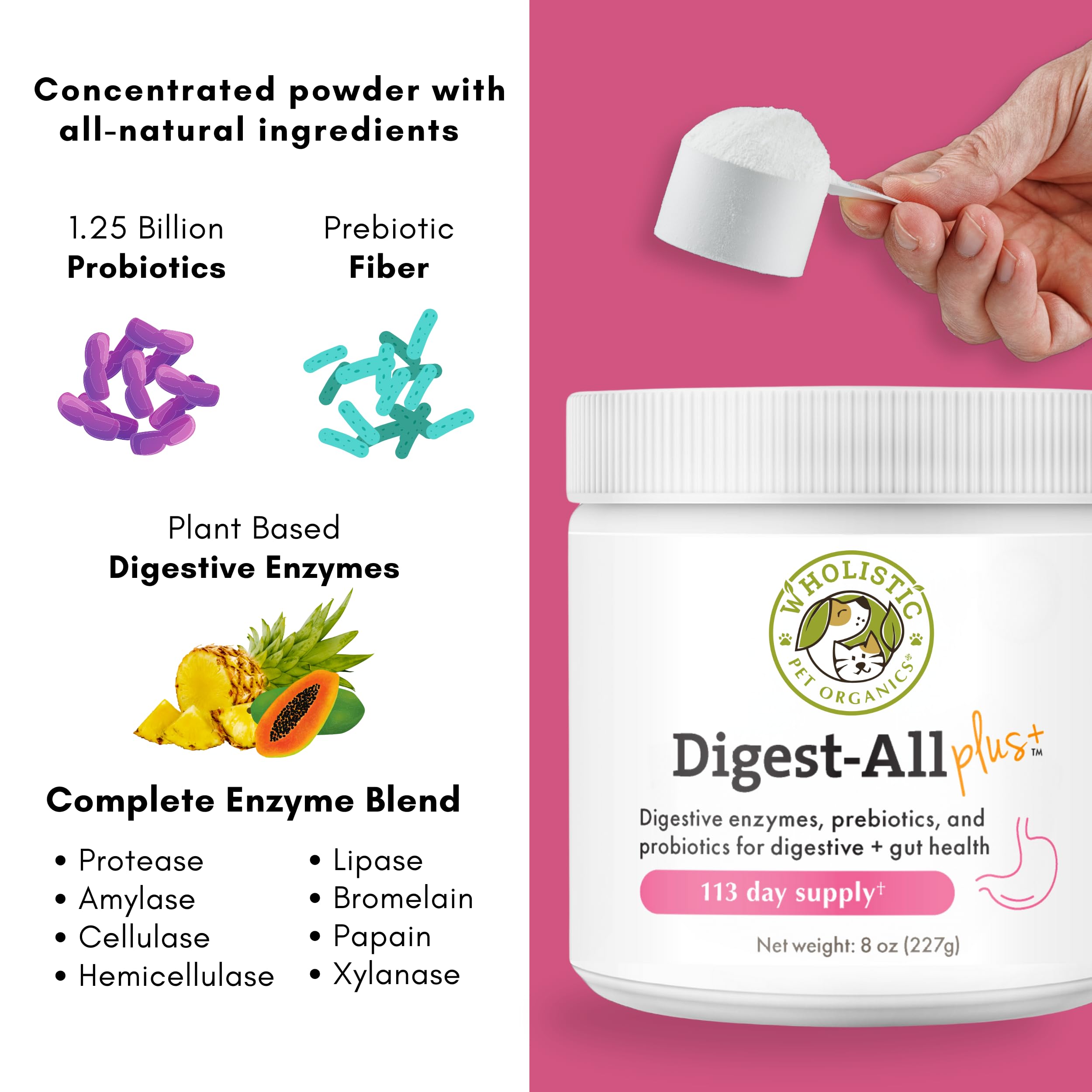 Wholistic Pet Organics dog food supplement powder for homemade meals.