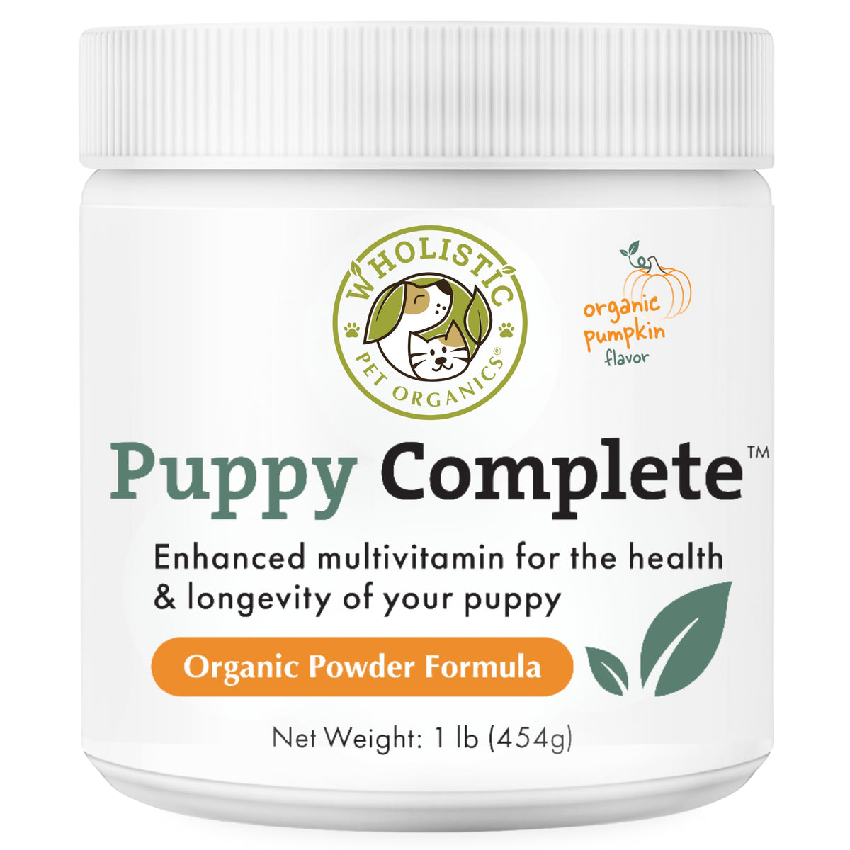 Wholistic Pet Organics Puppy Complete bottle closeup—easy daily puppy multivitamin