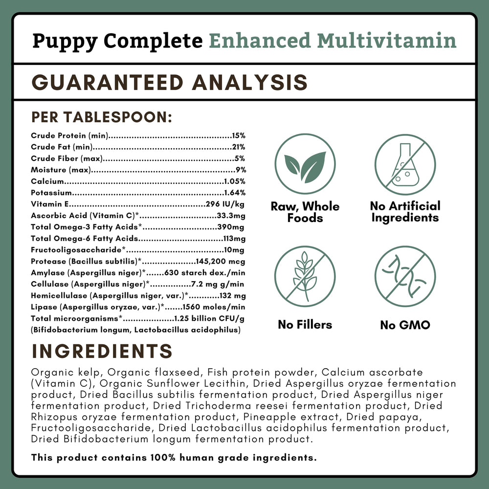 Wholistic Puppy Complete polvo dosis diaria para perros, apoyo general en dietas caseras.