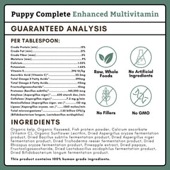 Wholistic Puppy Complete polvo dosis diaria para perros, apoyo general en dietas caseras.
