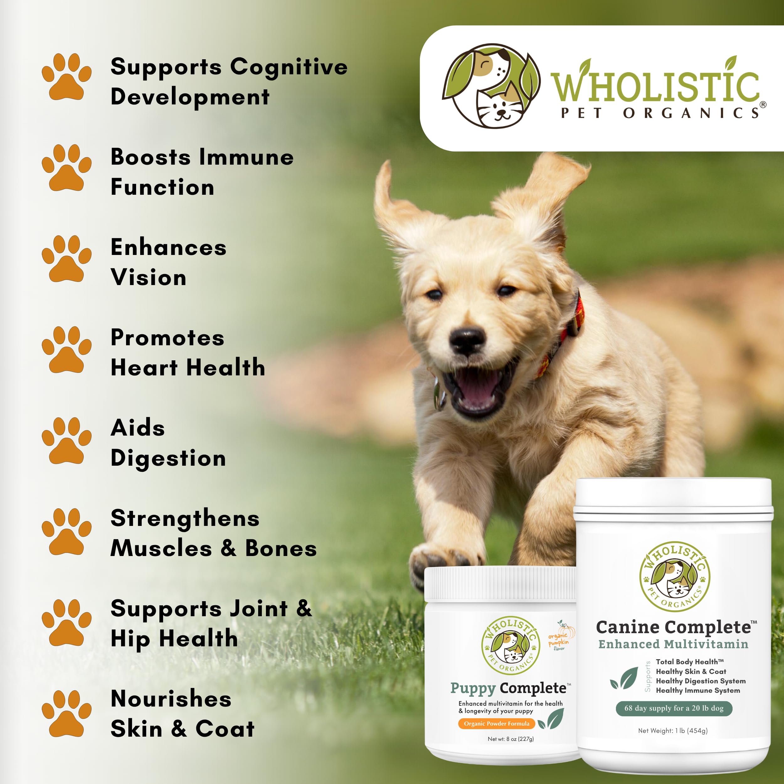 Wholistic Pet Organics Puppy Complete fish collagen—benefits skin and coat health