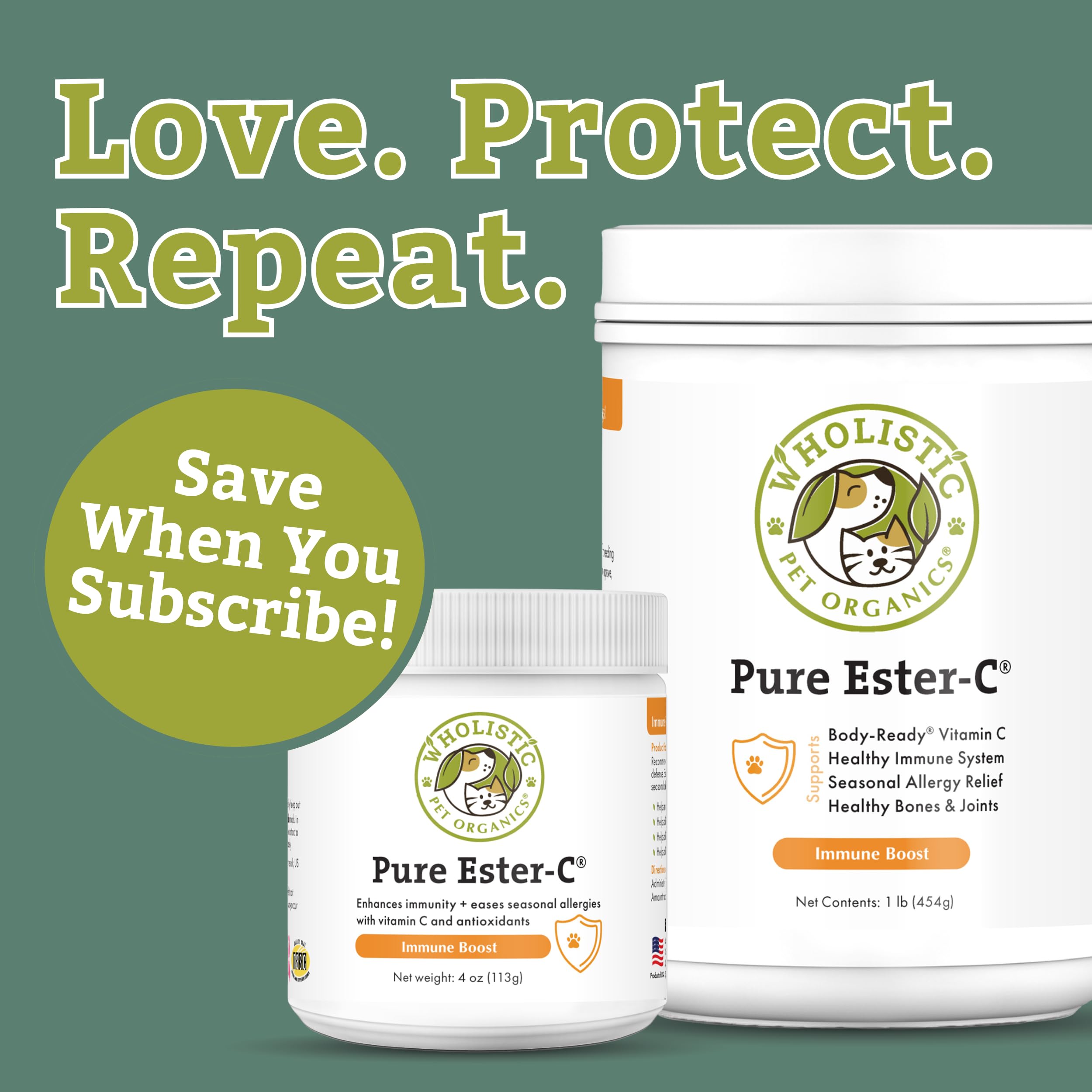 Wholistic Pet Organics Pure Ester-C powder with dispensing scoop for easy daily mixing.