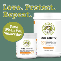 Wholistic Pet Organics Pure Ester-C powder with dispensing scoop for easy daily mixing.