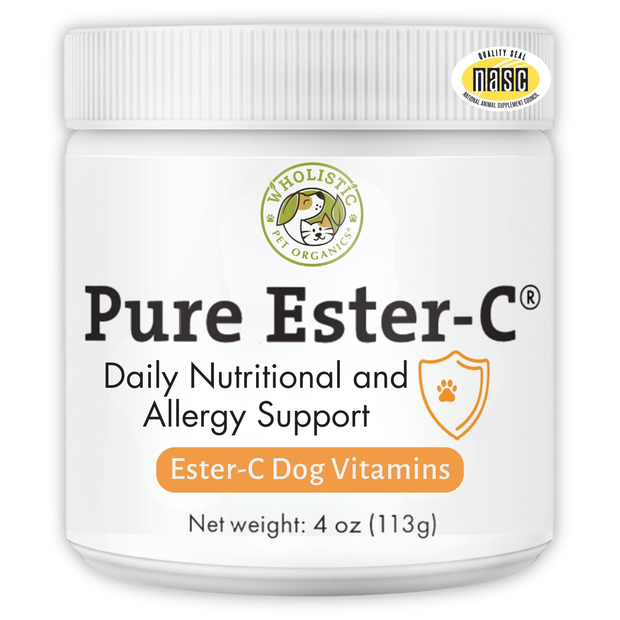 Wholistic Pet Organics Pure Ester-C powder for dogs in a bottle supports immune health.