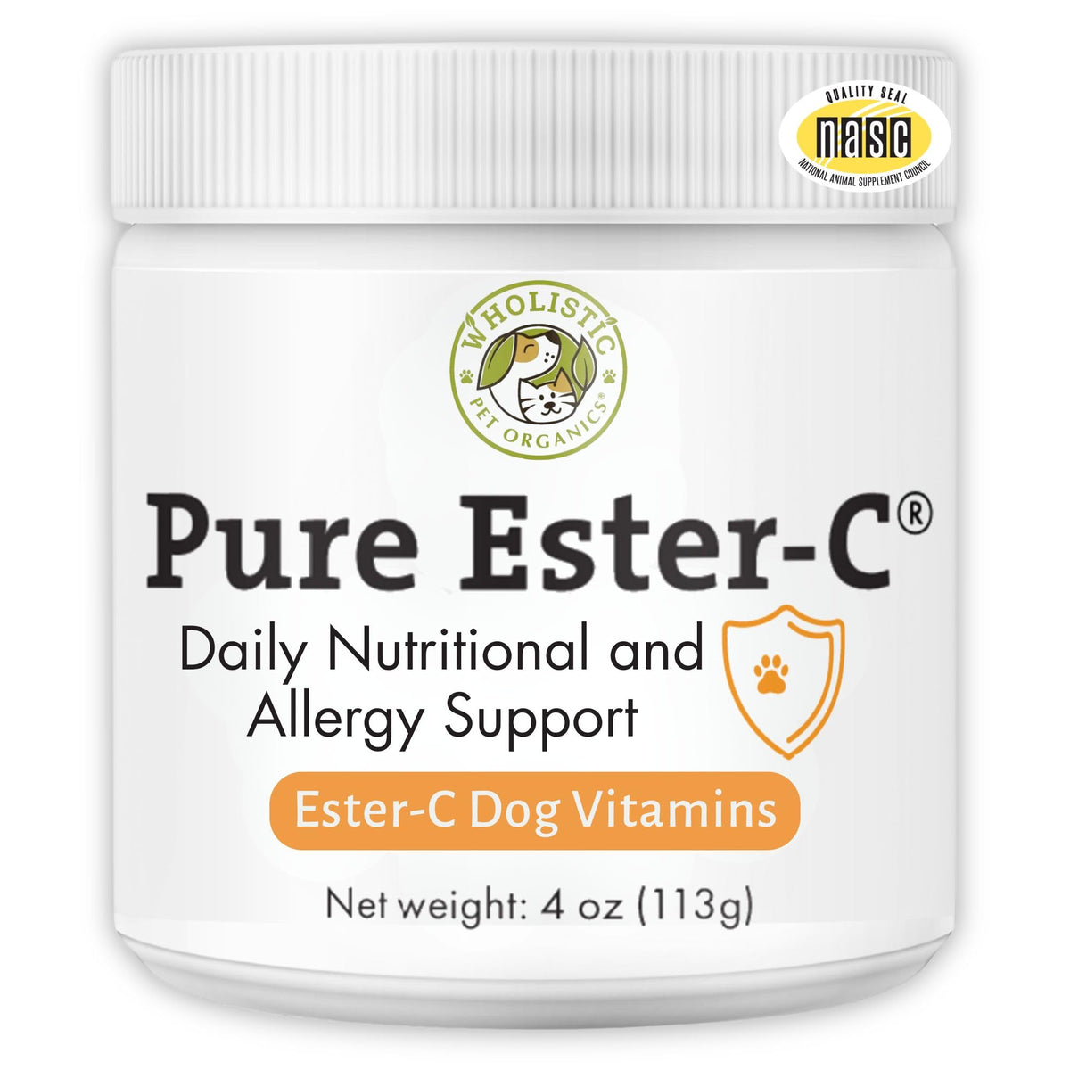 Wholistic Pet Organics Pure Ester-C powder for dogs in a bottle supports immune health.