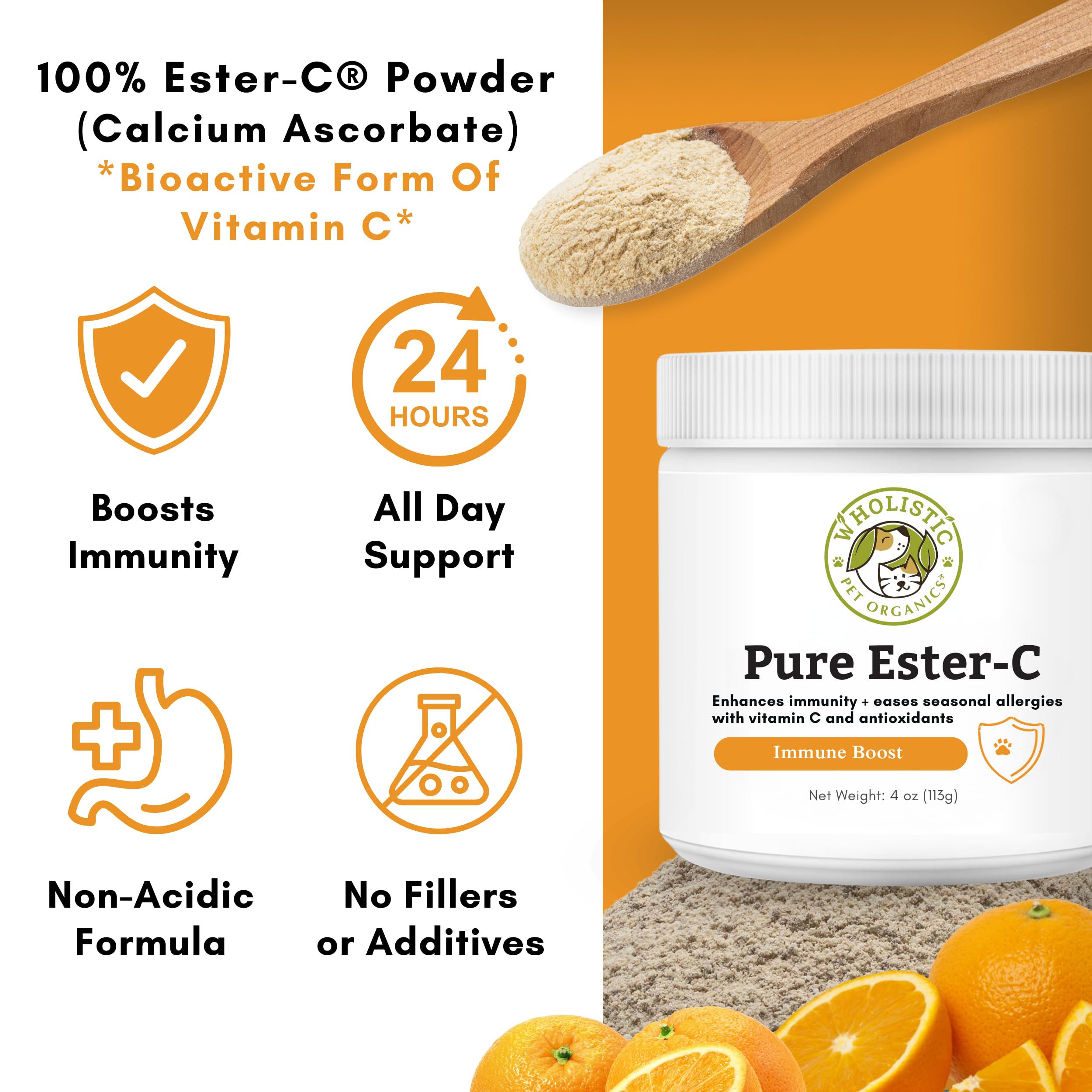 Wholistic Pet Organics Pure Ester-C powder promotes immune support and allergy relief potential.
