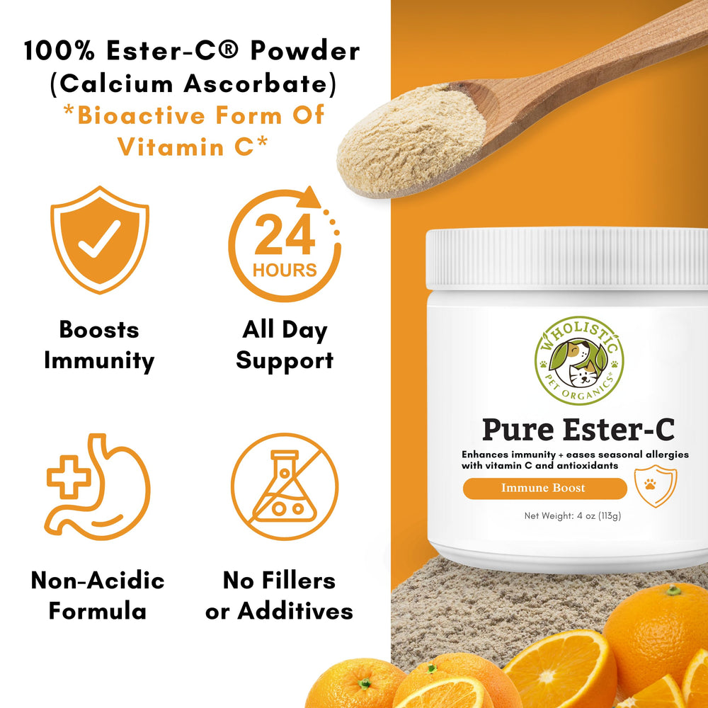 Wholistic Pet Organics Pure Ester-C powder promotes immune support and allergy relief potential.