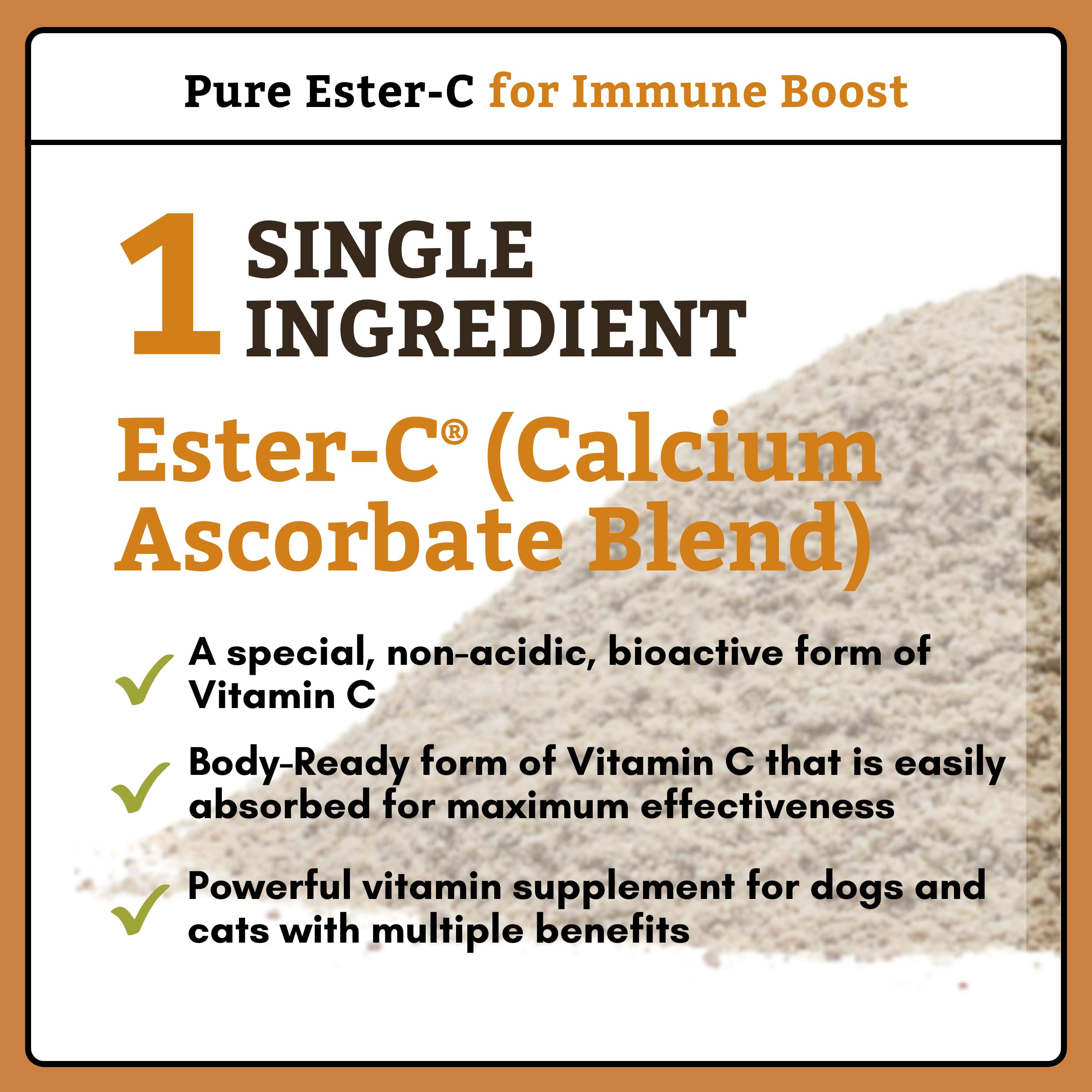 Wholistic Pet Organics Pure Ester-C powder mixed into meals supports skin and coat.