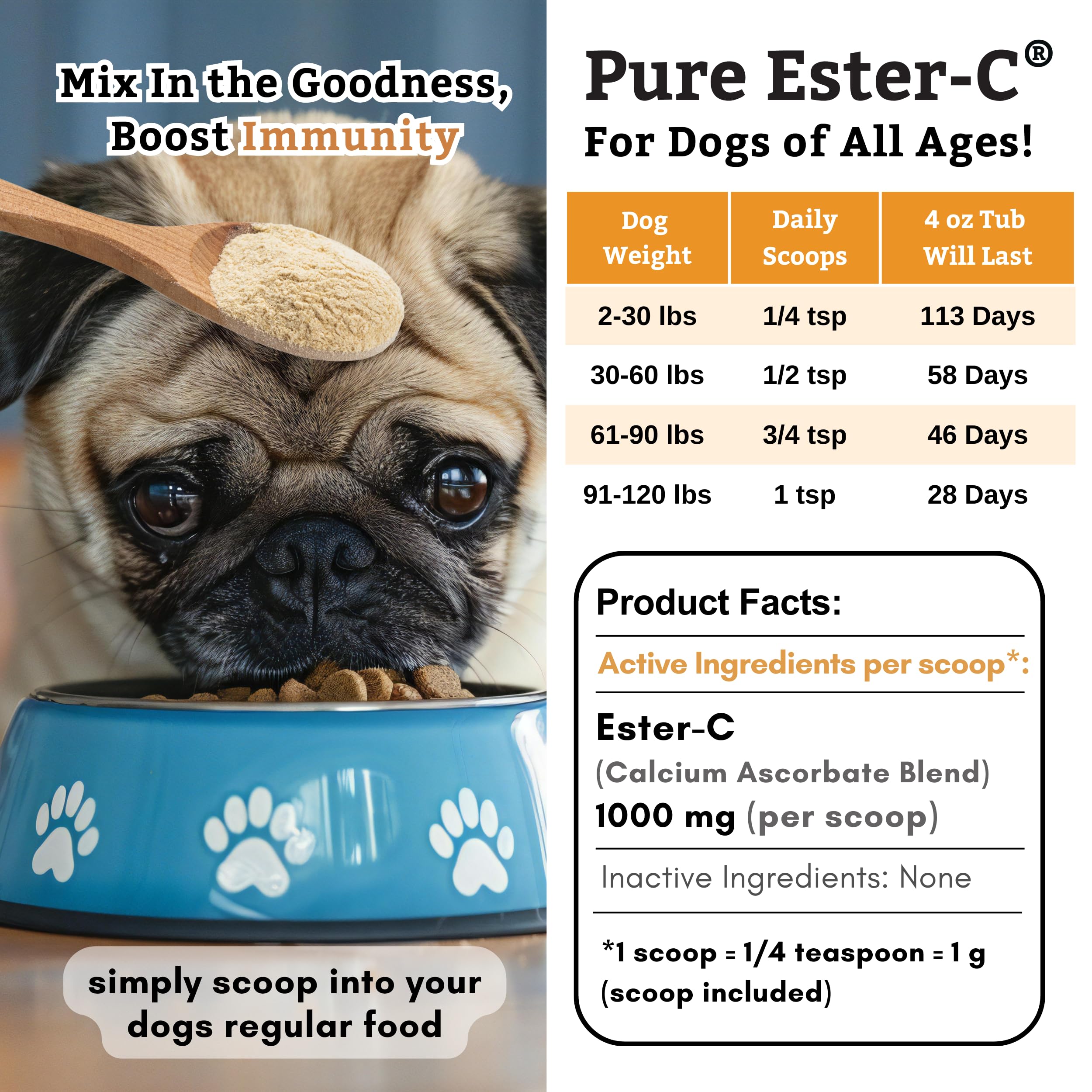 Wholistic Pet Organics Pure Ester-C powder helps maintain healthy skin and coat.