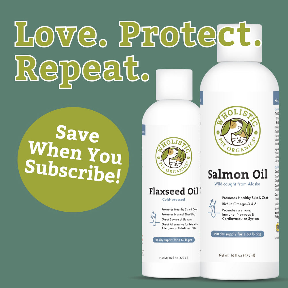 Wholistic Pet Organics Salmon Oil pouring into pet bowl enhances meal appeal.