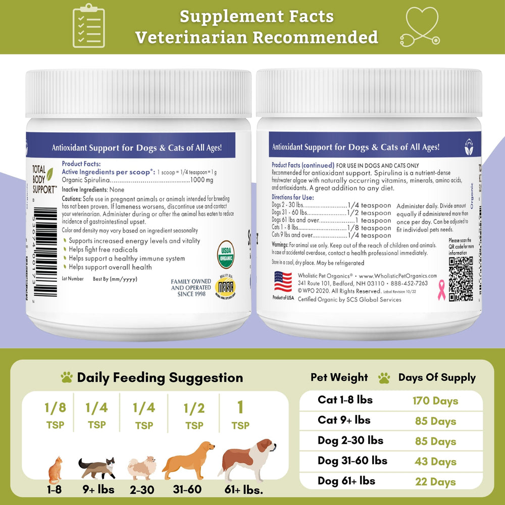 Dog enjoying a meal with Wholistic Pet Organics Spirulina topping