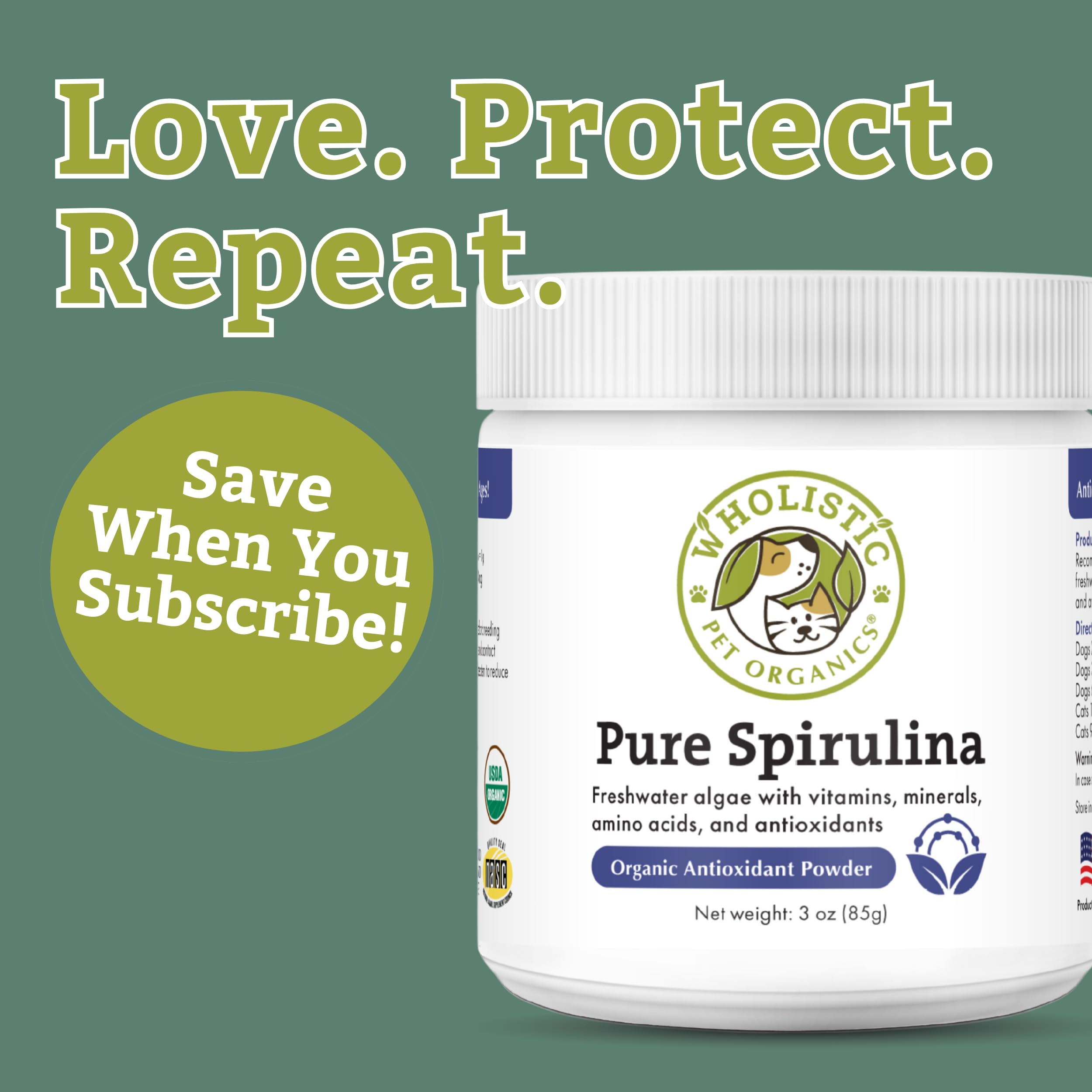 Scoop of Wholistic Pet Organics Spirulina for Dogs indicates easy daily topping
