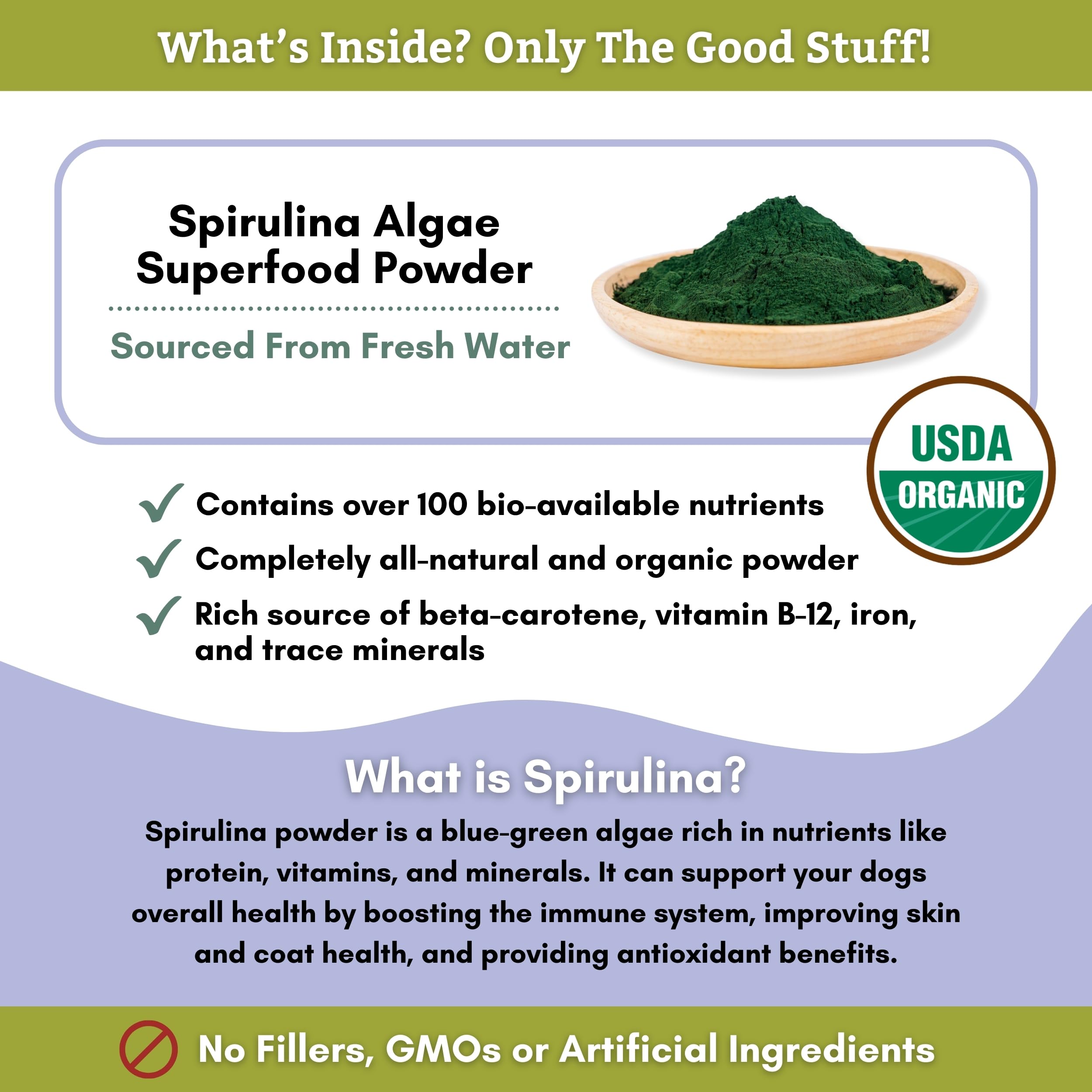 Wholistic Pet Organics Spirulina sprinkled into kibble illustrating simple meal enrichment