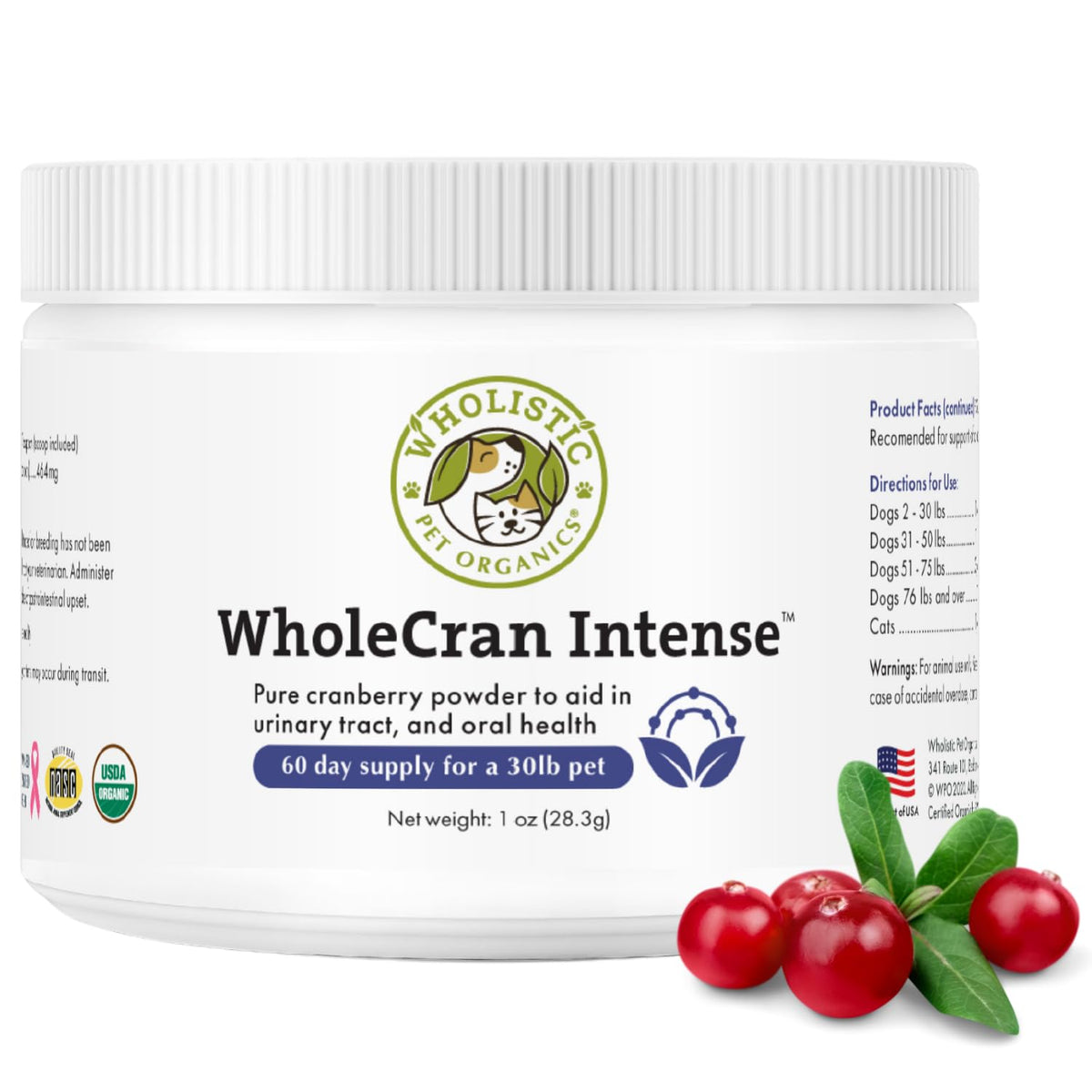 Wholistic Pet Organics WholeCran Intense cranberry powder bowl supports urinary tract wellness