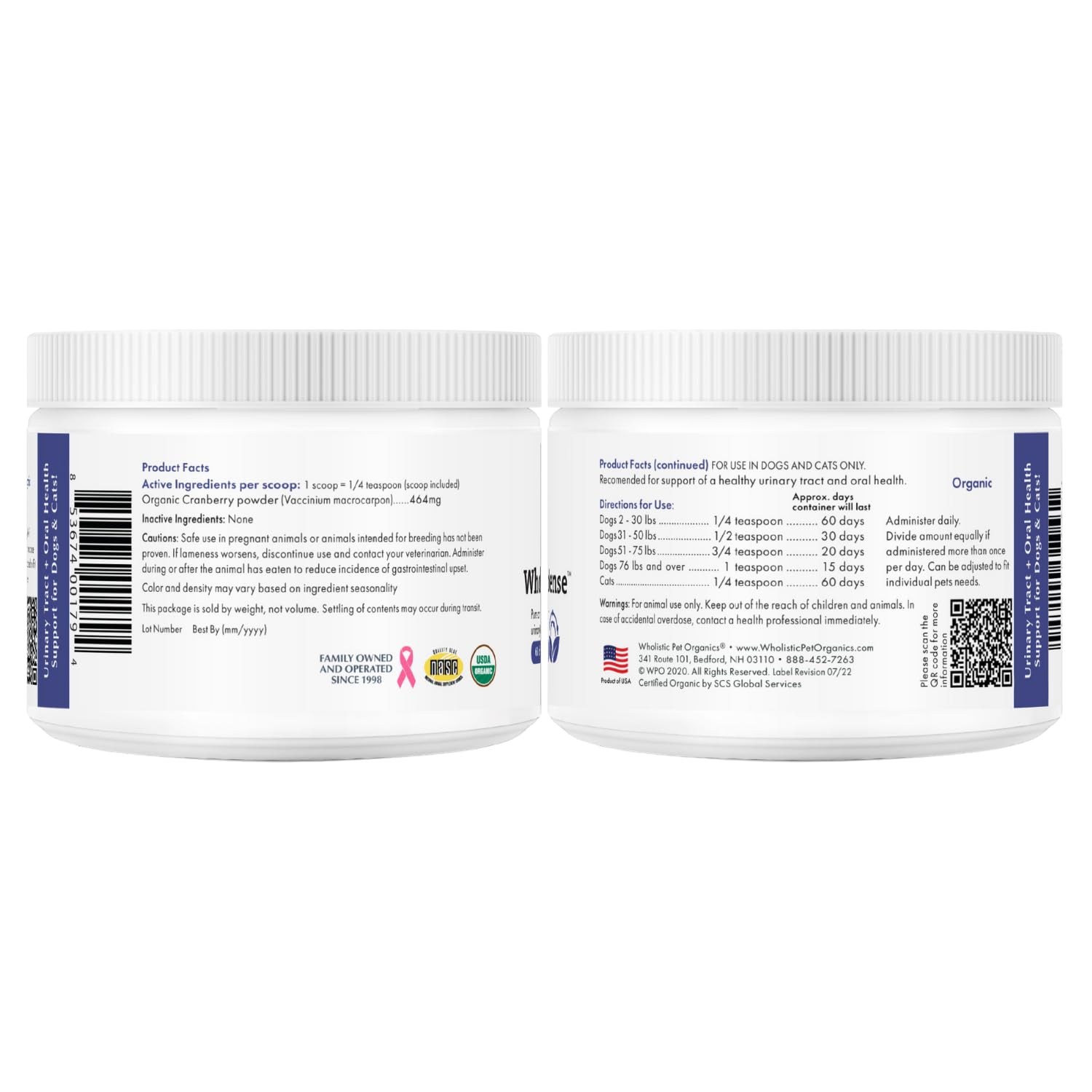Wholistic Pet Organics WholeCran Intense bottle shows Vitamin C and Omega-3 antioxidants