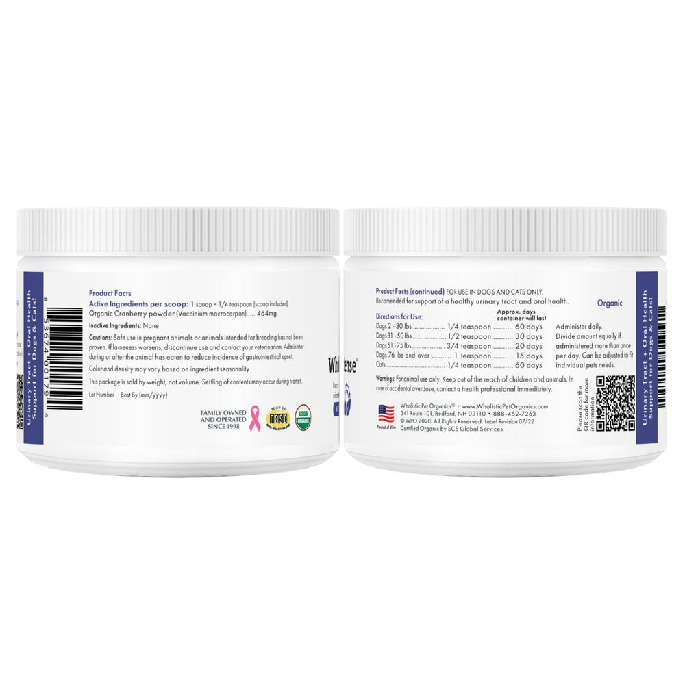 Wholistic Pet Organics WholeCran Intense bottle shows Vitamin C and Omega-3 antioxidants