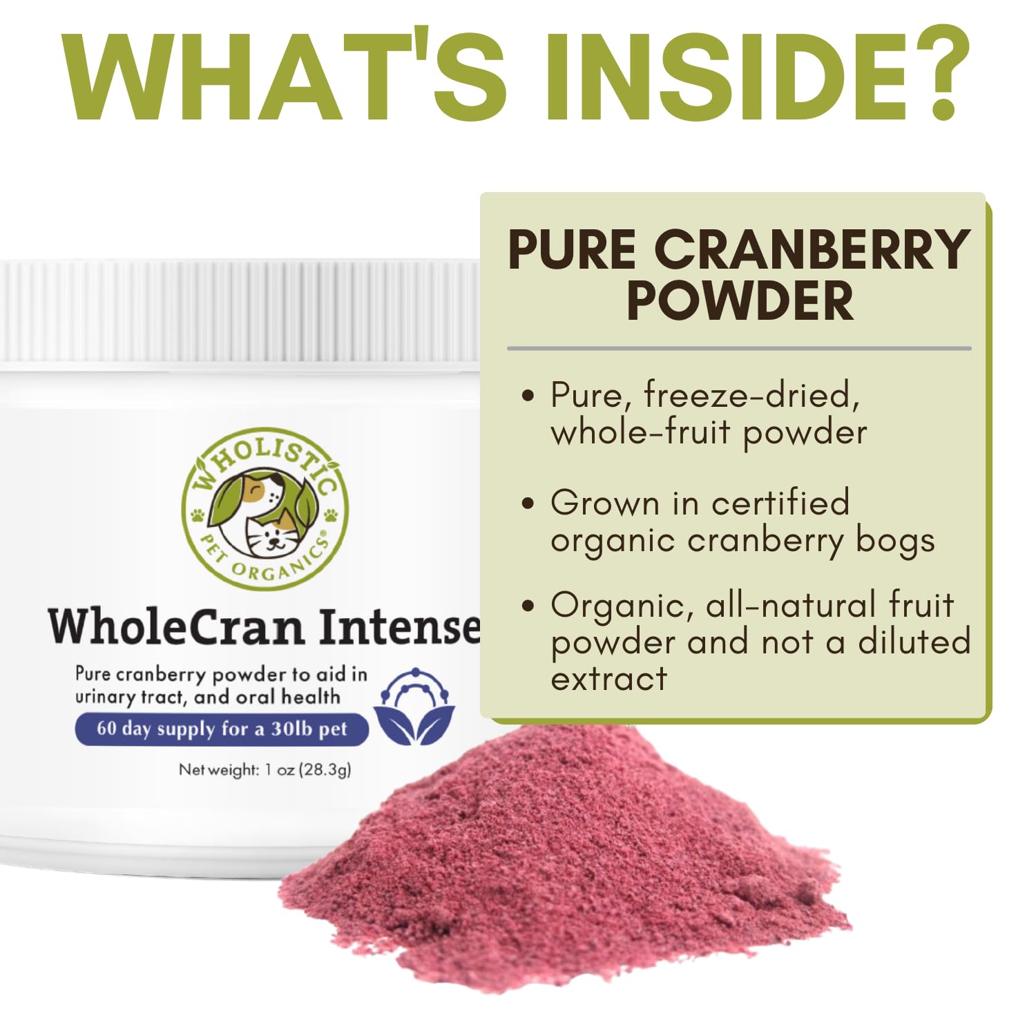 Wholistic Pet Organics WholeCran Intense pourable powder highlights natural ingredients