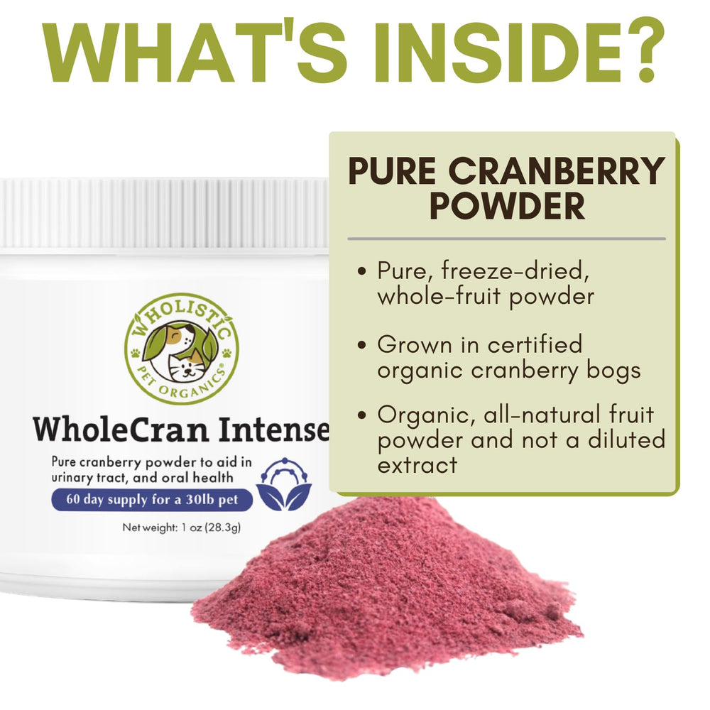 Wholistic Pet Organics WholeCran Intense pourable powder highlights natural ingredients