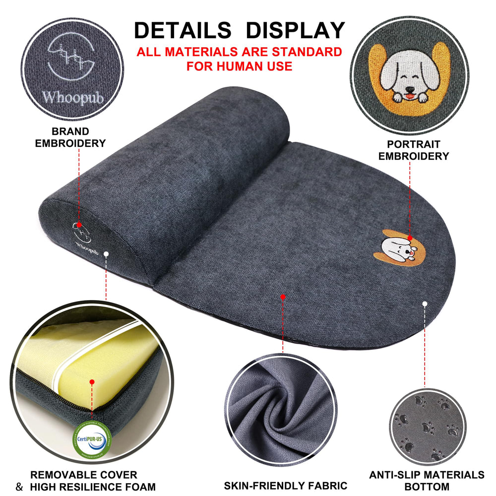 Whoopub dog bolster pillow washable cover close-up demonstrates easy machine washing.