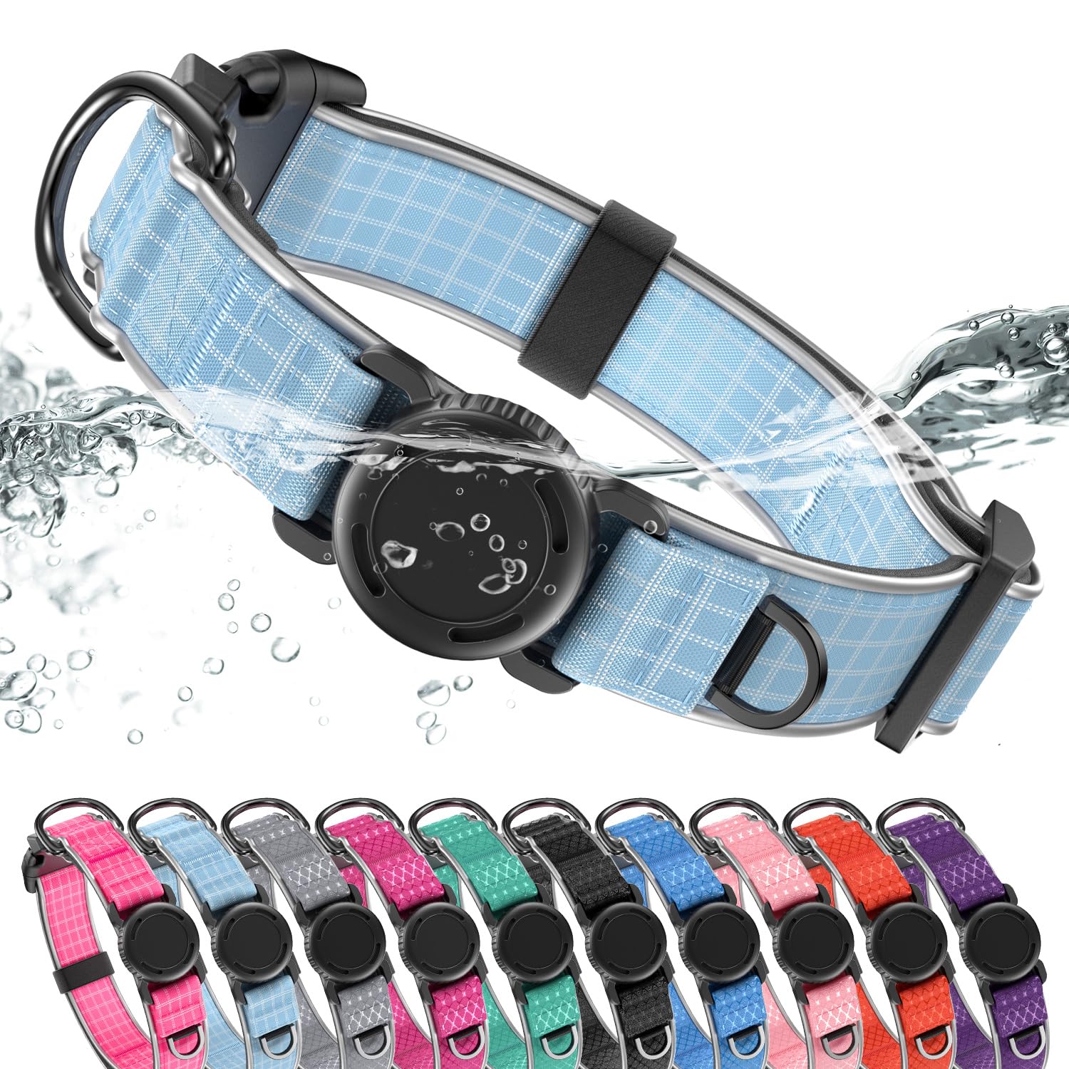 WhoseID Airtag dog collar blue waterproof holder for outdoor tracking.