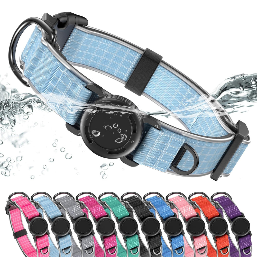 WhoseID Airtag dog collar blue waterproof holder for outdoor tracking.