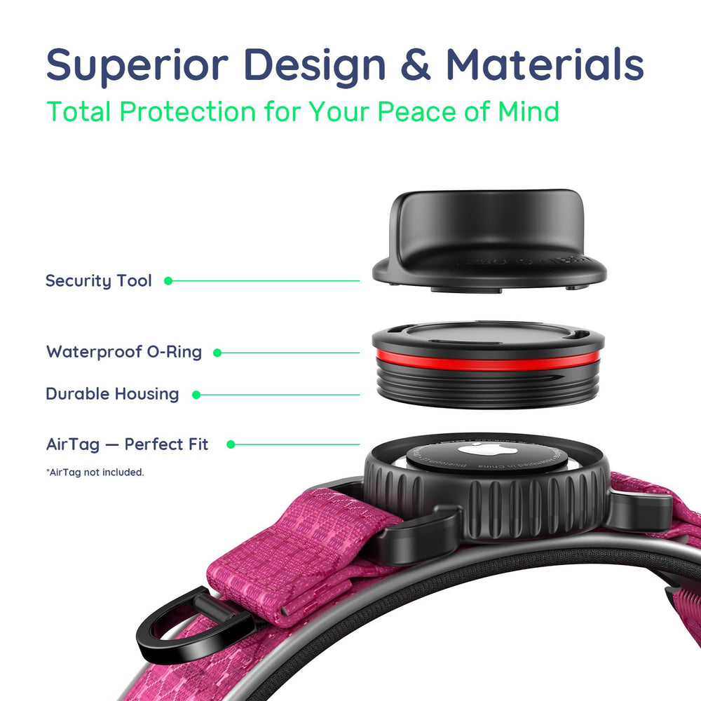 WhoseID Airtag Dog Collar QR Code highlights fast owner contact access for lost-pet recovery.