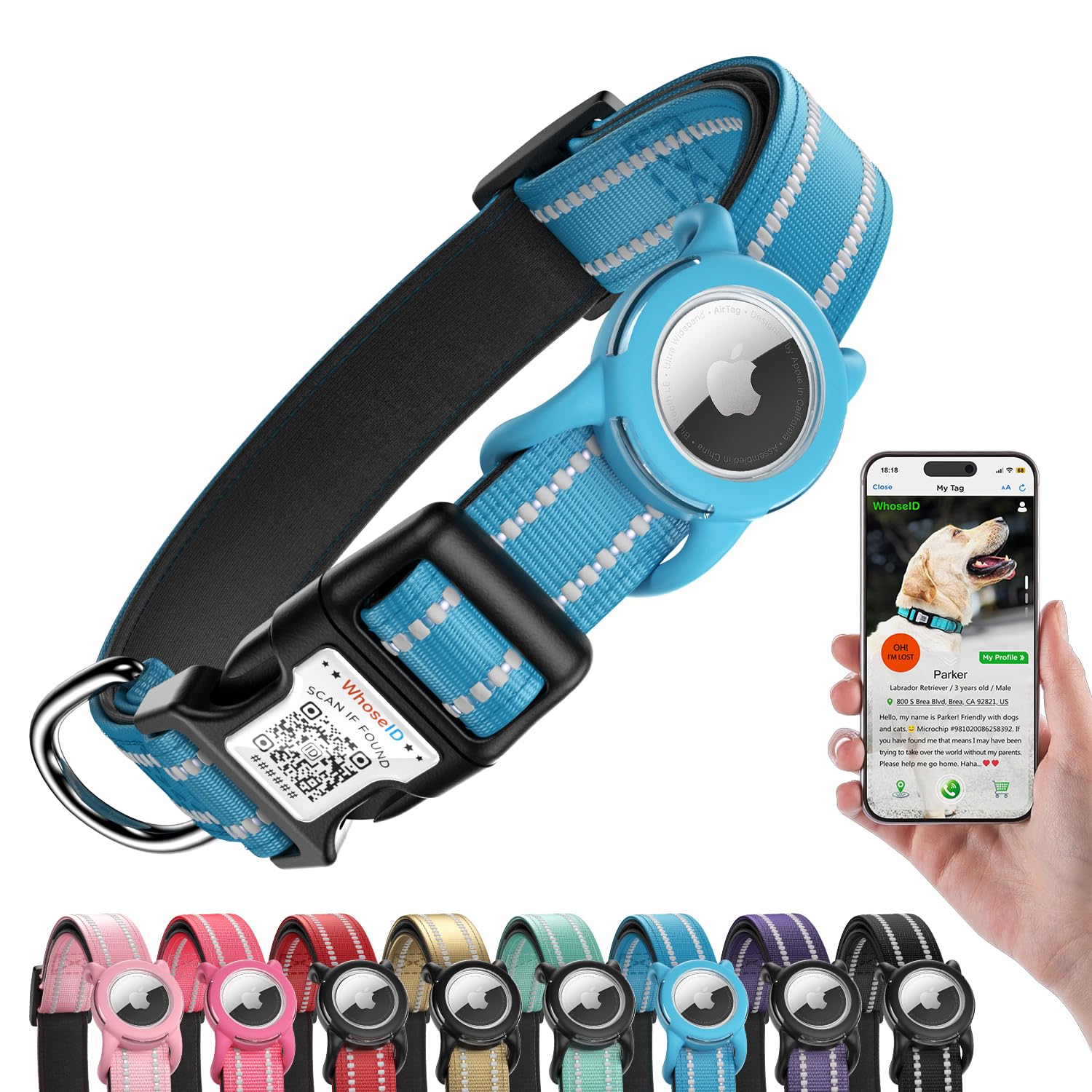 WhoseID airtag-dog-collar-qr-holder enables quick pet locateability during daily walks