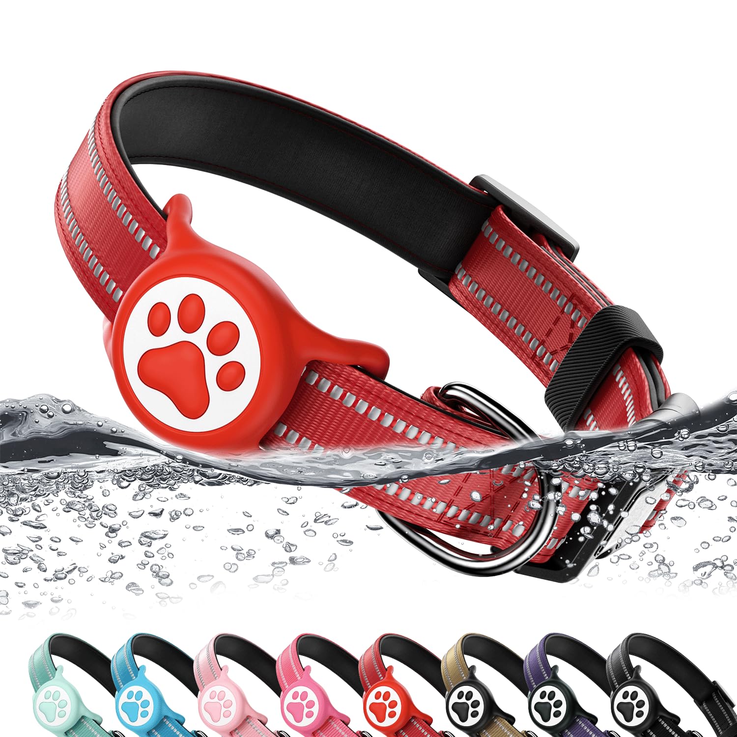 WhoseID Airtag dog-collar red with reflective strips for safer nighttime walking