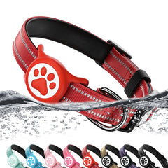 WhoseID Airtag dog-collar red with reflective strips for safer nighttime walking