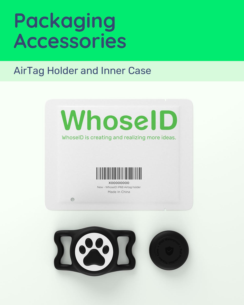 WhoseID reduces chewing risk by securing AirTag on the collar.