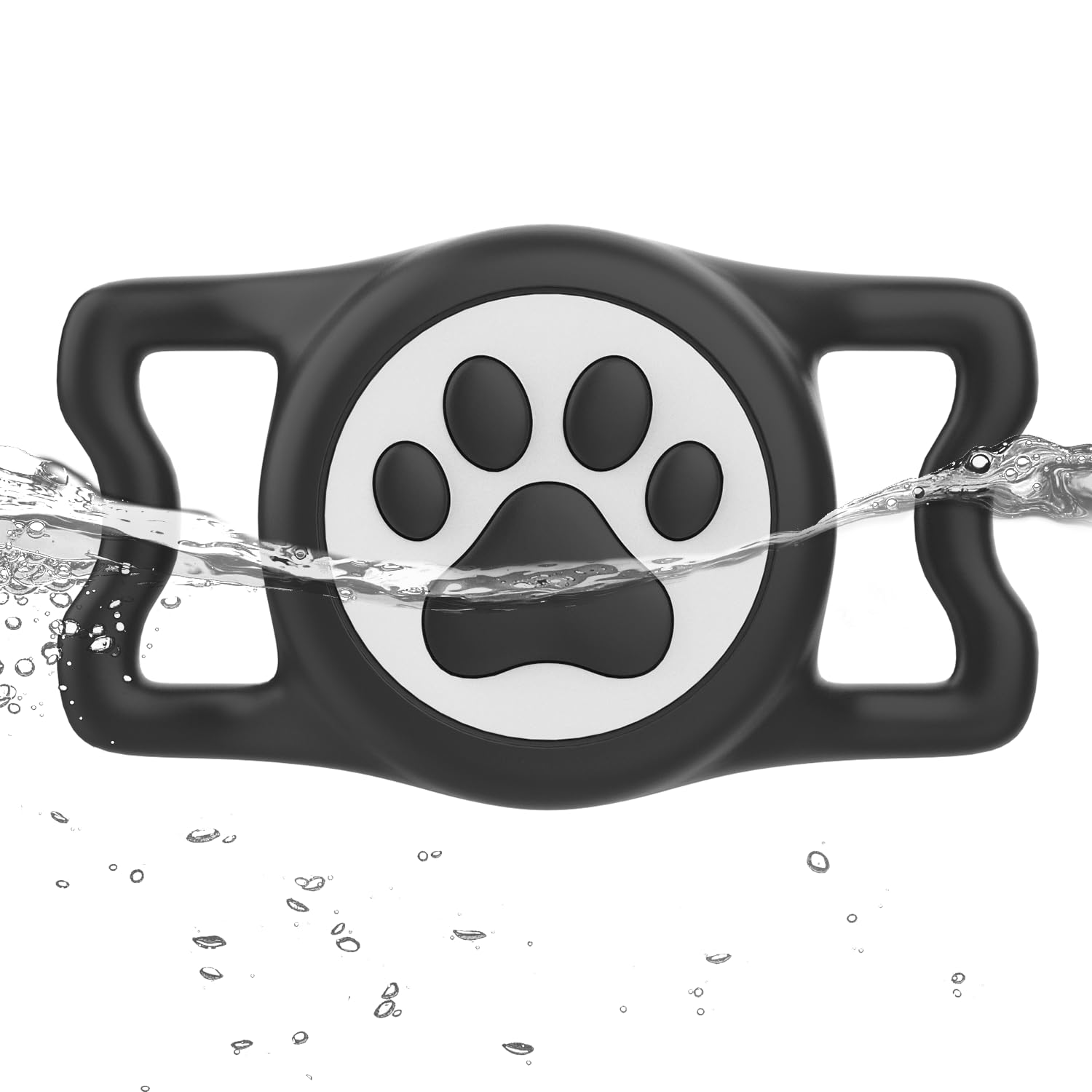 WhoseID full-cover AirTag holder on black front view offers 360° protection during active play.