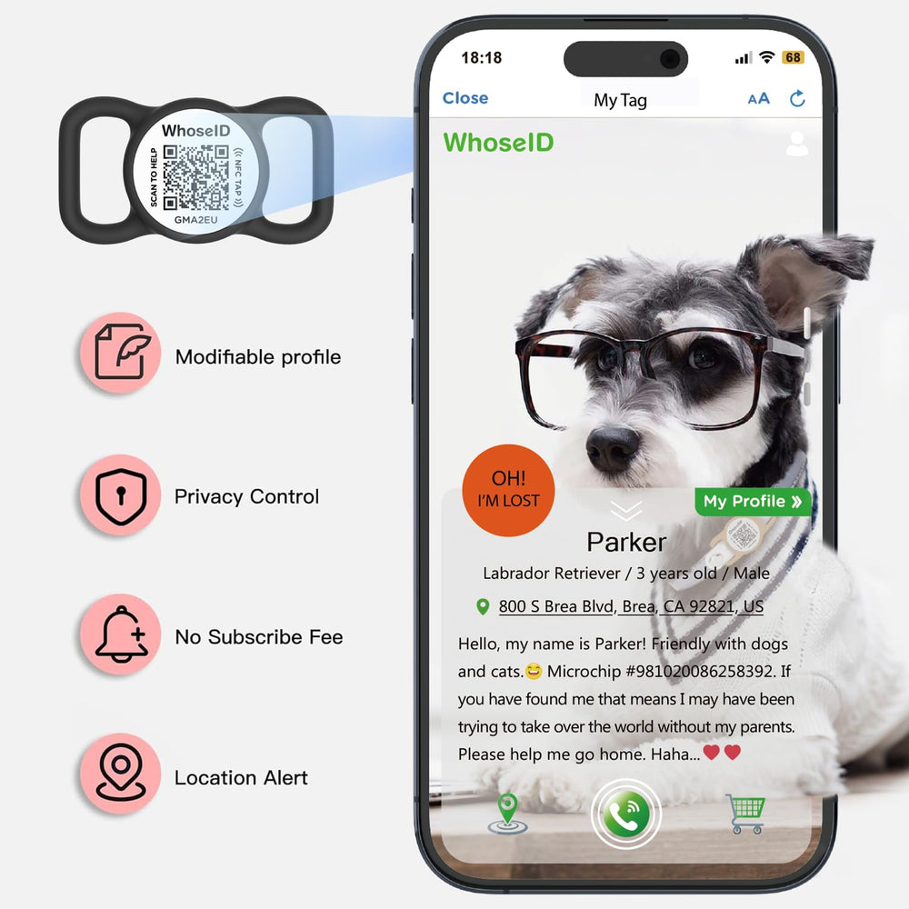 WhoseID digital pet profile management on mobile with multiple profiles.