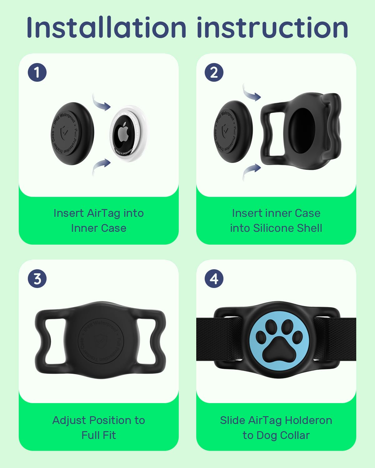 WhoseID black-and-blue holder attached to a pet collar on a dog