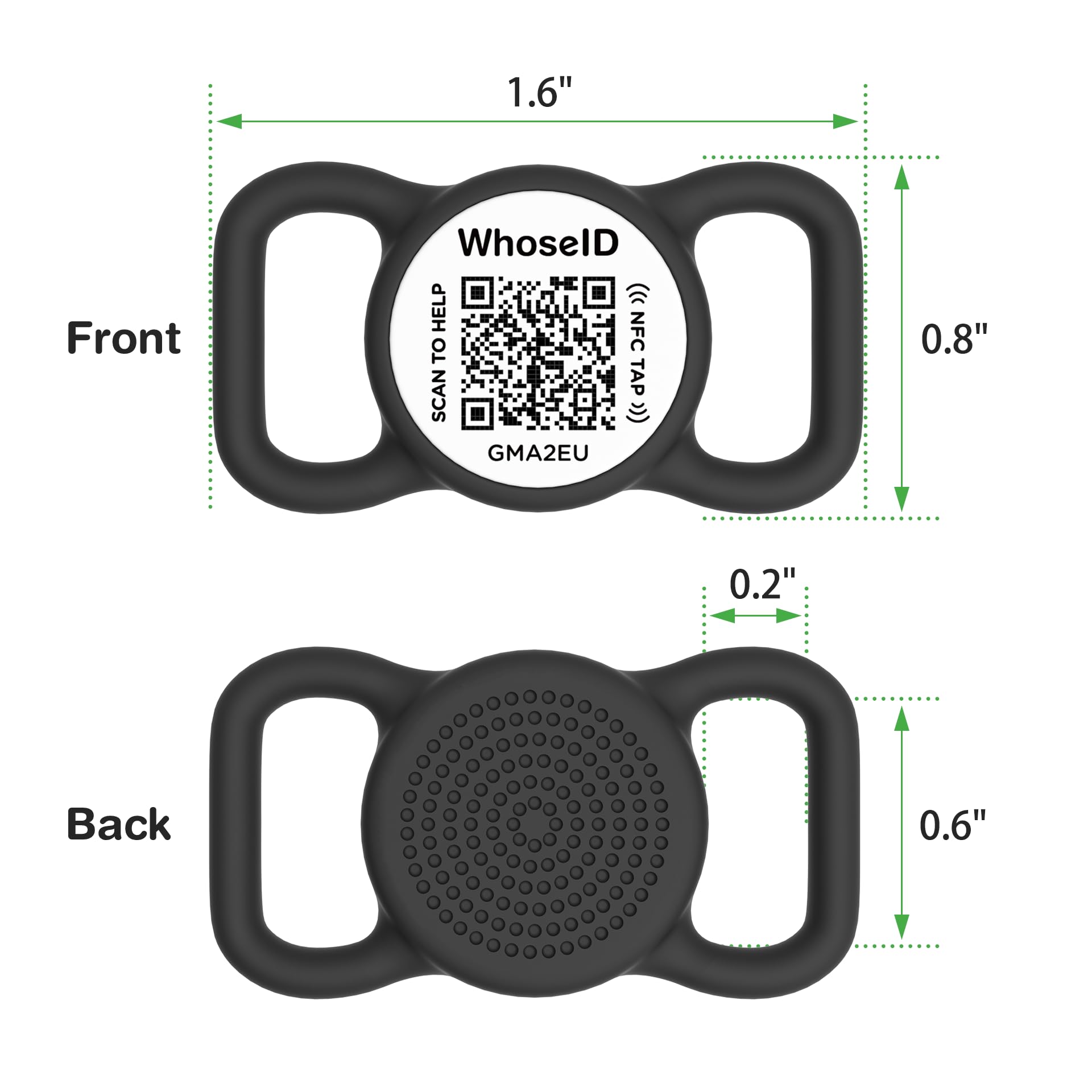 WhoseID tag shown on a collar for easy integration with various collars.