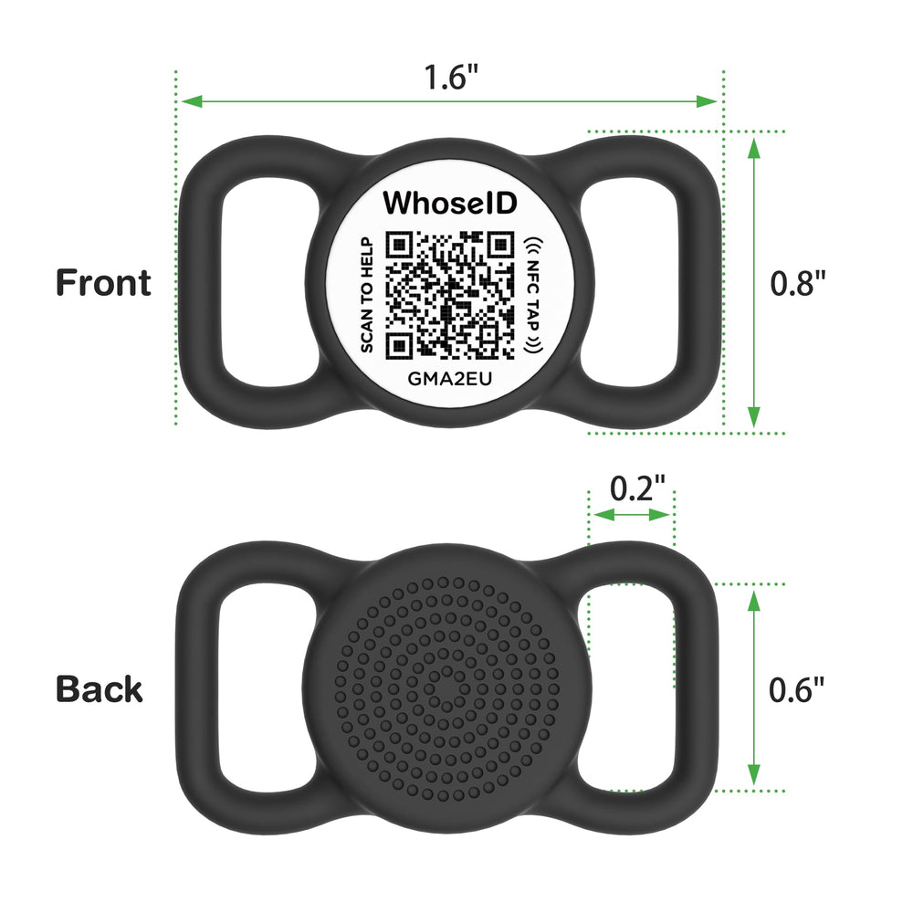 WhoseID tag shown on a collar for easy integration with various collars.