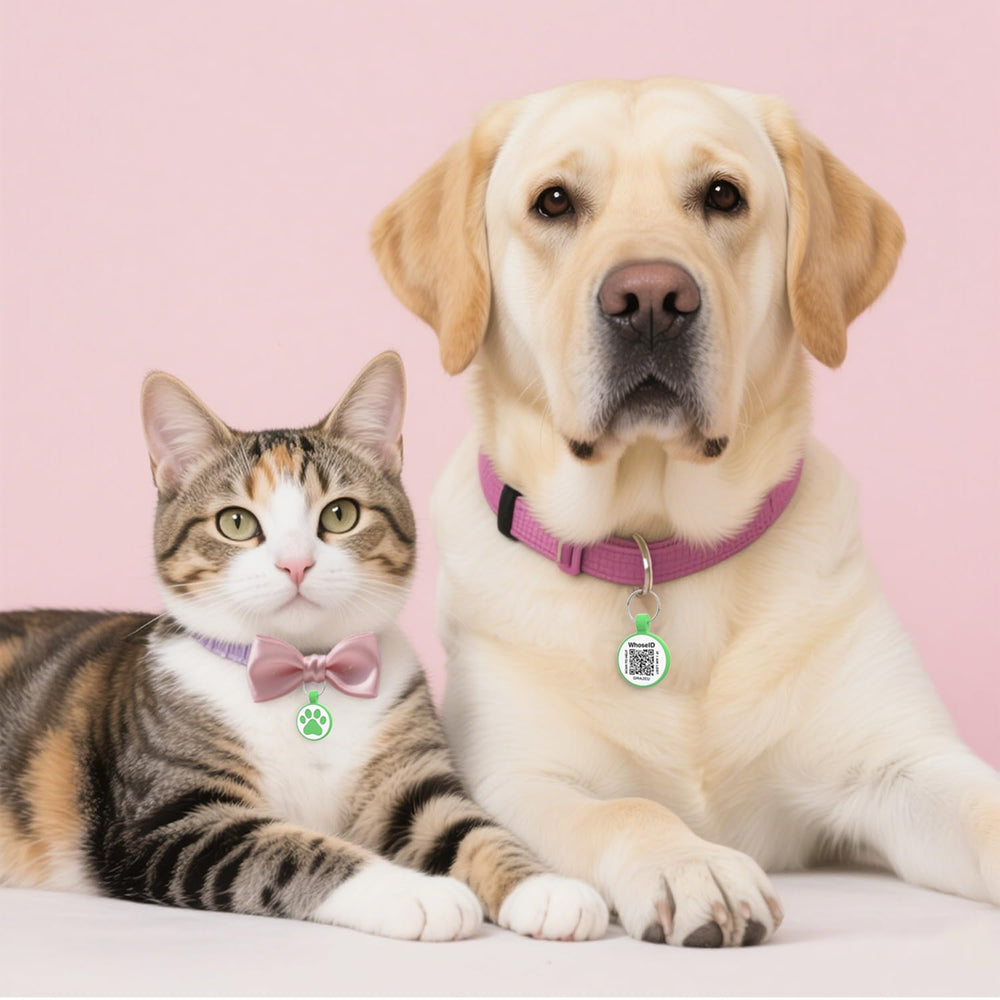 WhoseID QR Cat Tag privacy controls highlight owner-controlled contact sharing.
