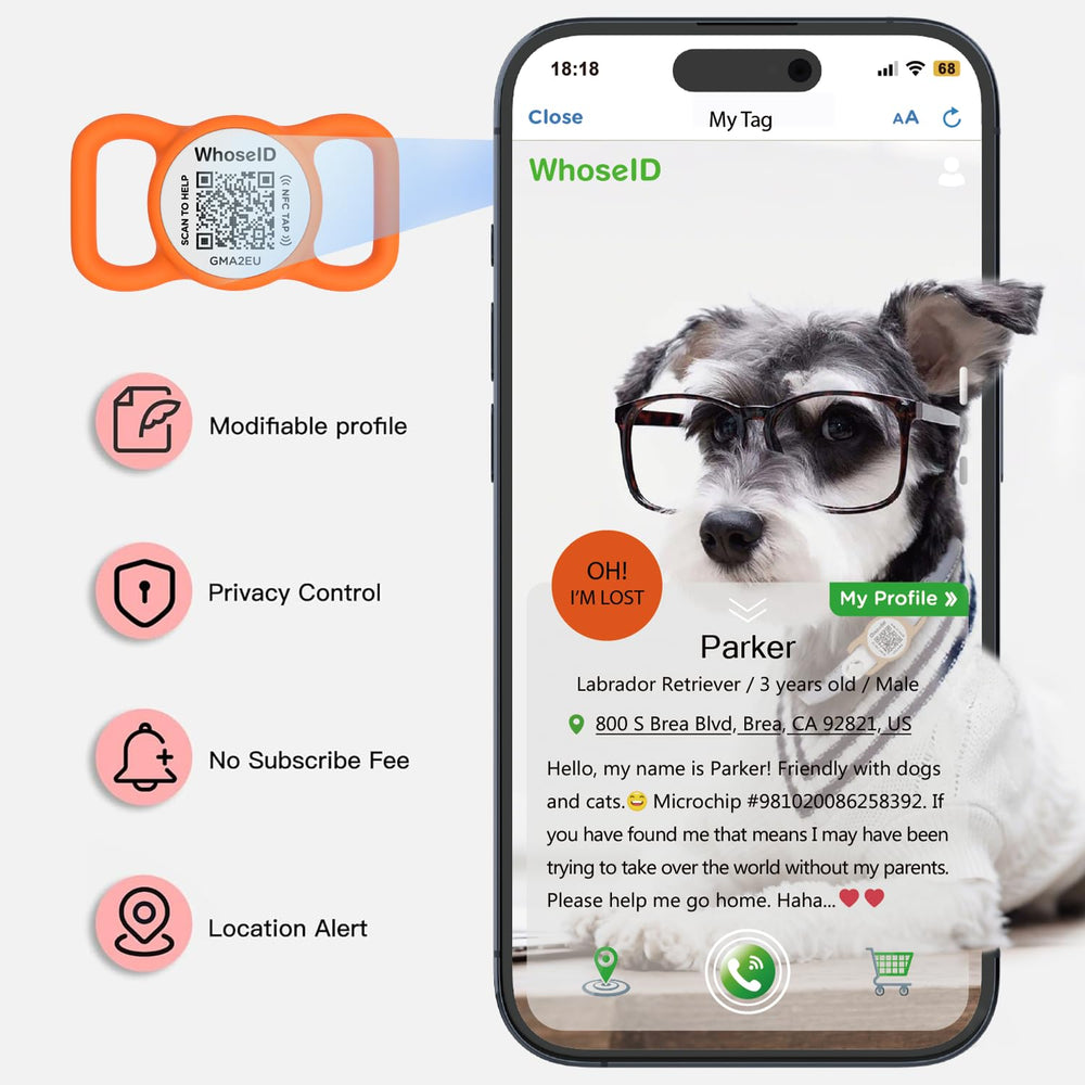 WhoseID digital-profile-management highlights editable pet profiles via mobile, with no subscriptions.