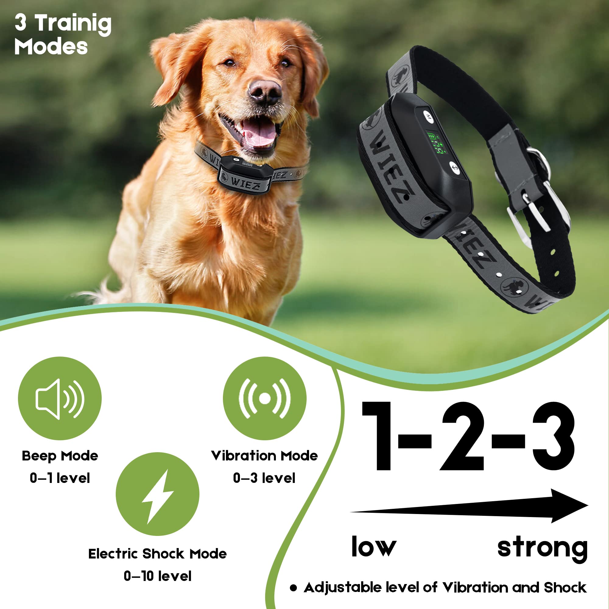 WIEZ GPS dog fence safety feature shows vibration and pause cycle for recall.