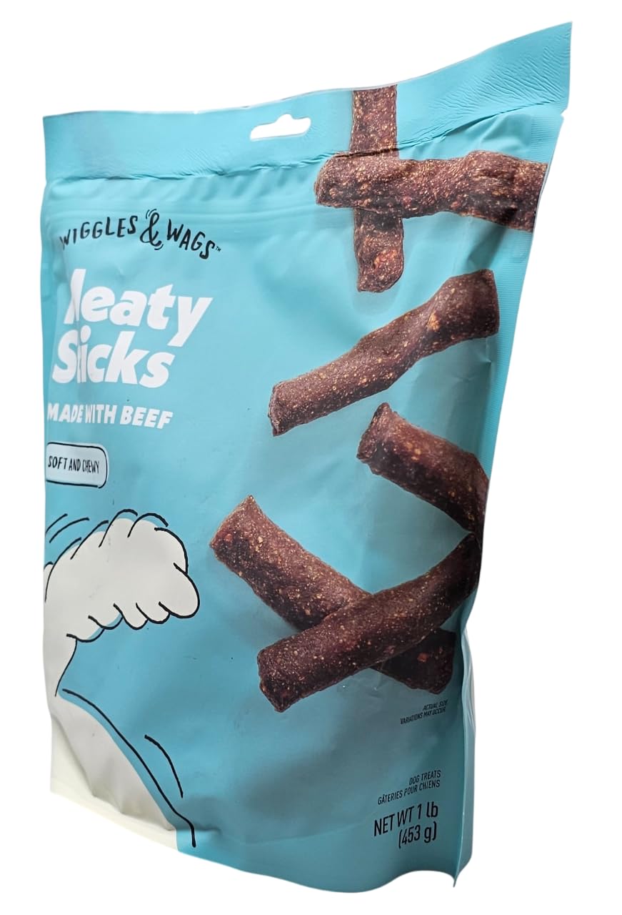Wiggles & Wags Beef Meaty Sticks close-up shows chewy texture ideal for training.