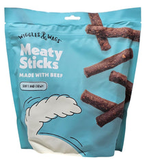 Wiggles & Wags Beef Meaty Sticks packfront for easy storage and fresh treats.