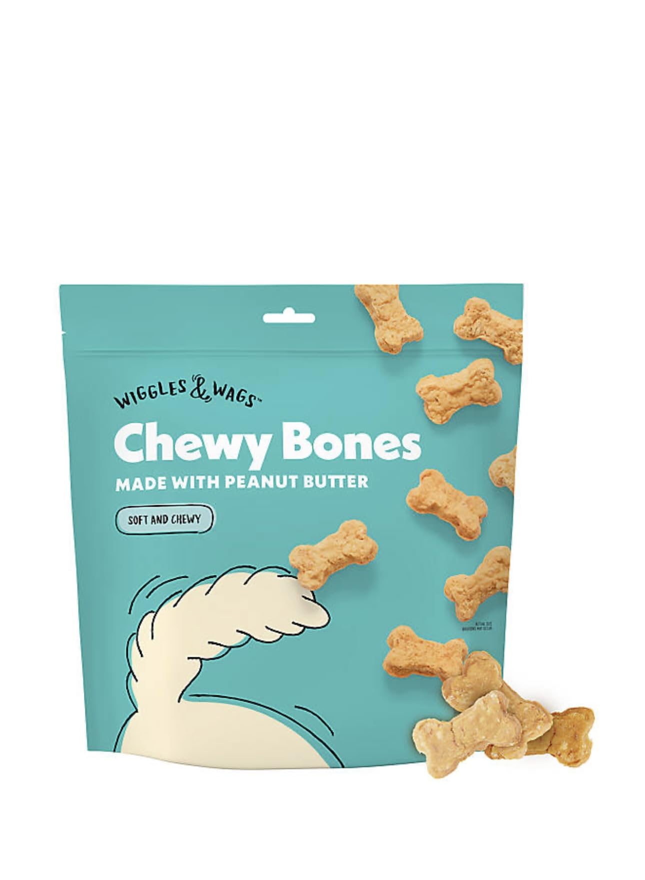 Wiggles & Wags chewy bones bag closeup showing peanut butter flavor