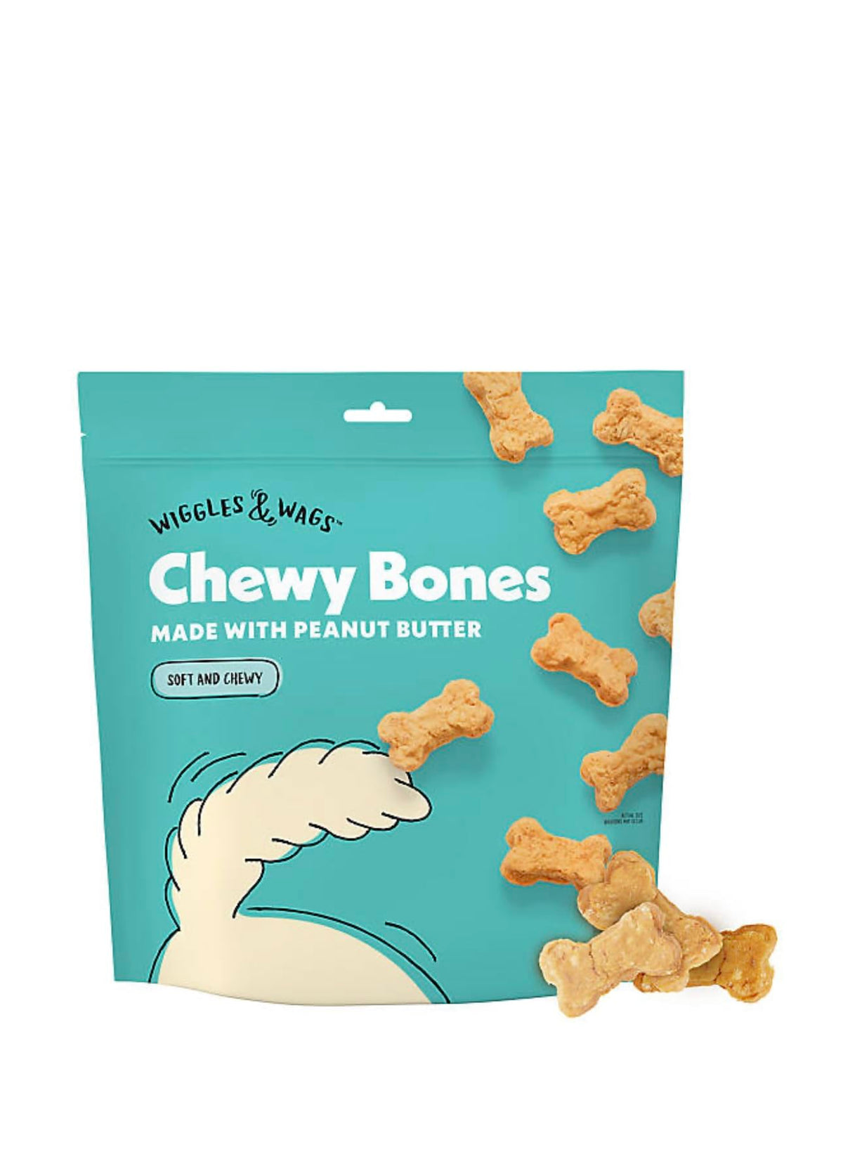 Wiggles & Wags chewy bones bag closeup showing peanut butter flavor