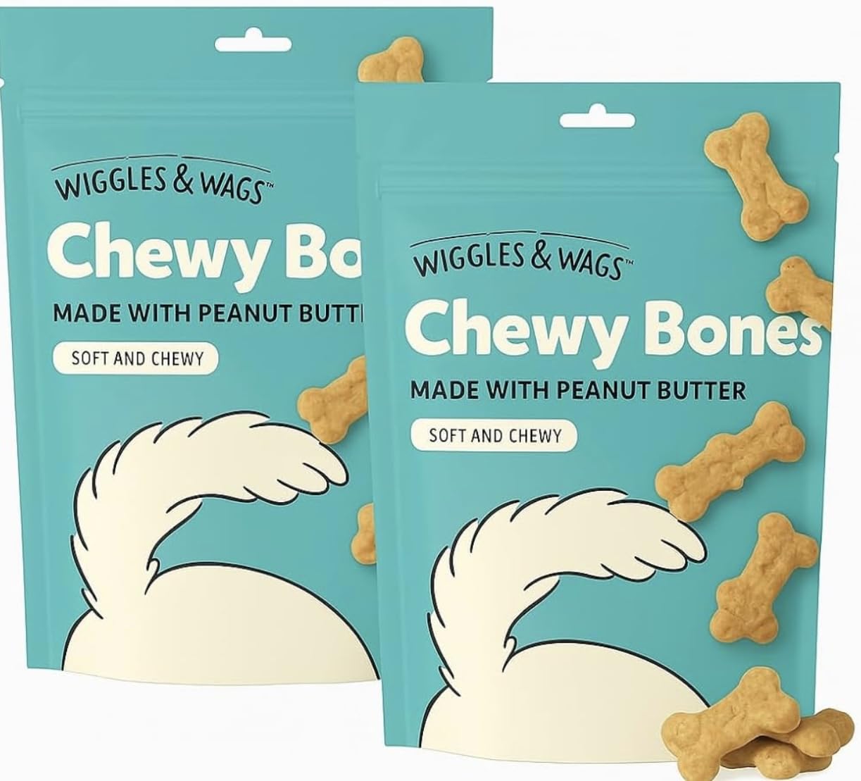 Wiggles & Wags Hueso masticable de sabor maní, ideal para refuerzo en entrenamiento.