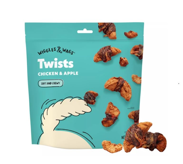 Wiggles & Wags Chicken & Apple Twists packshot highlights a savory dog treat reward.