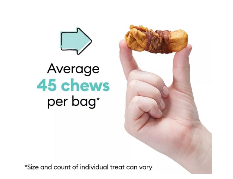 Wiggles & Wags Chicken & Apple Twists texture image emphasizes easy to chew bites for small dogs.