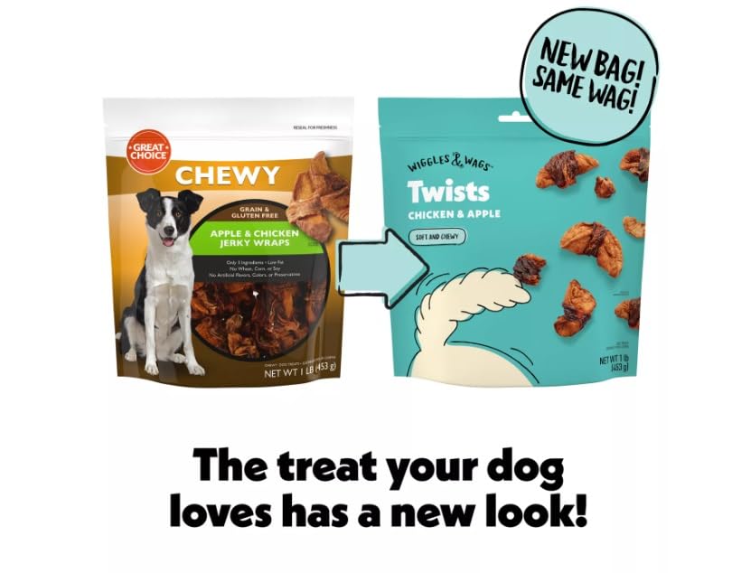 Wiggles & Wags Chicken & Apple Twists closeup shows soft chewy texture ideal for gentle chews.
