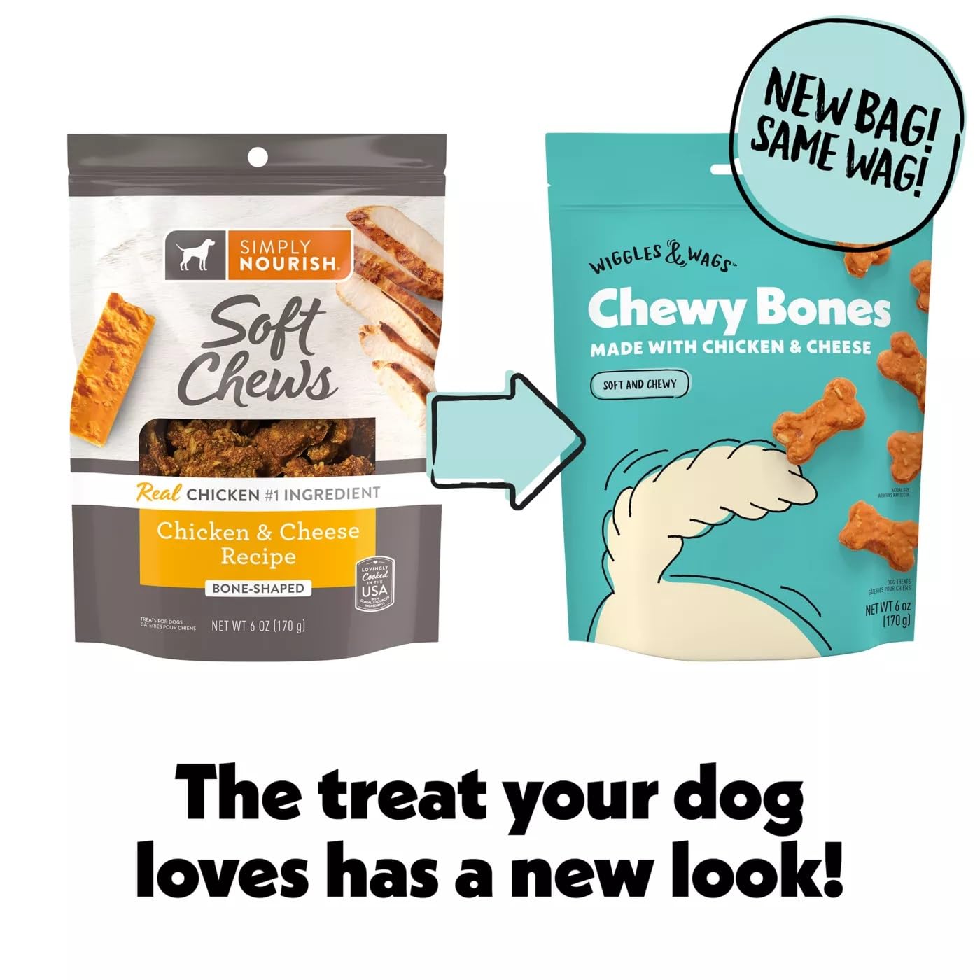 Wiggles & Wags Chicken & Cheese soft chews close-up showing chewy texture.