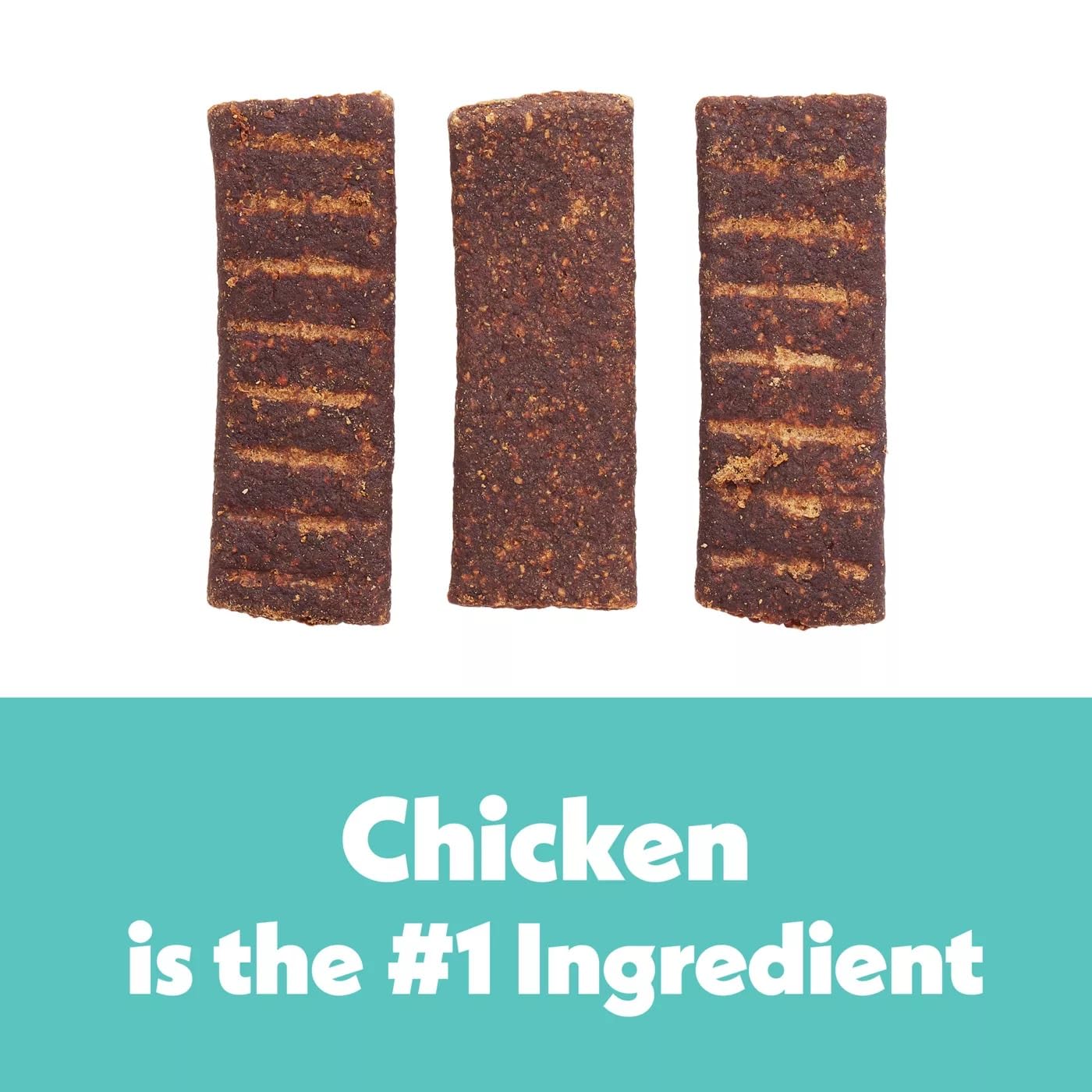 Wiggles & Wags Meaty Bars chicken pieces visible, signaling real ingredients for appetizing treats.